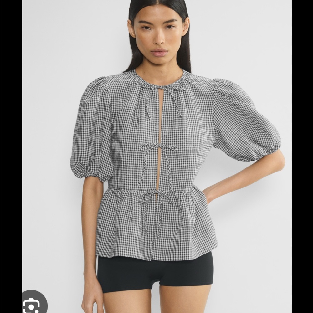 Aritzia Black & White Gingham Puff-Sleeve Tie-Front Top